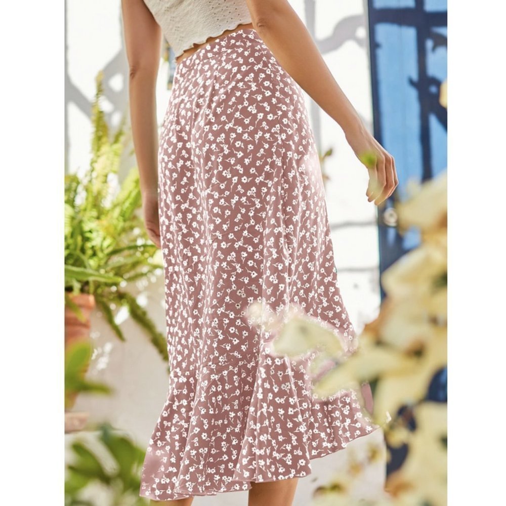 Ditsy Floral Print Ruffle Trim Knot Side Skirt dusty Pink - Picture 2 of 7